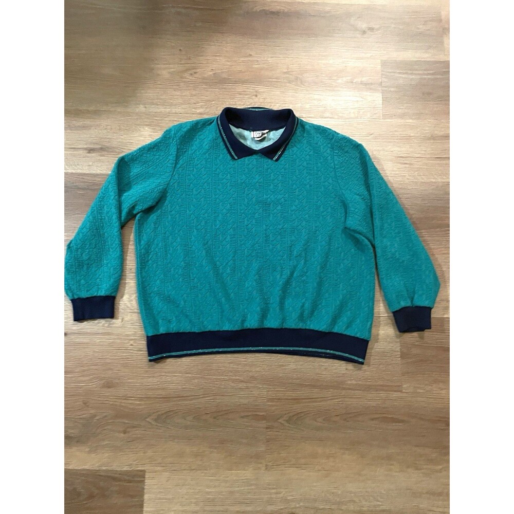 Vintage Cricket Lane Knit Polo Sweater XL Teal Green Navy Blue 80s 90s Metallic